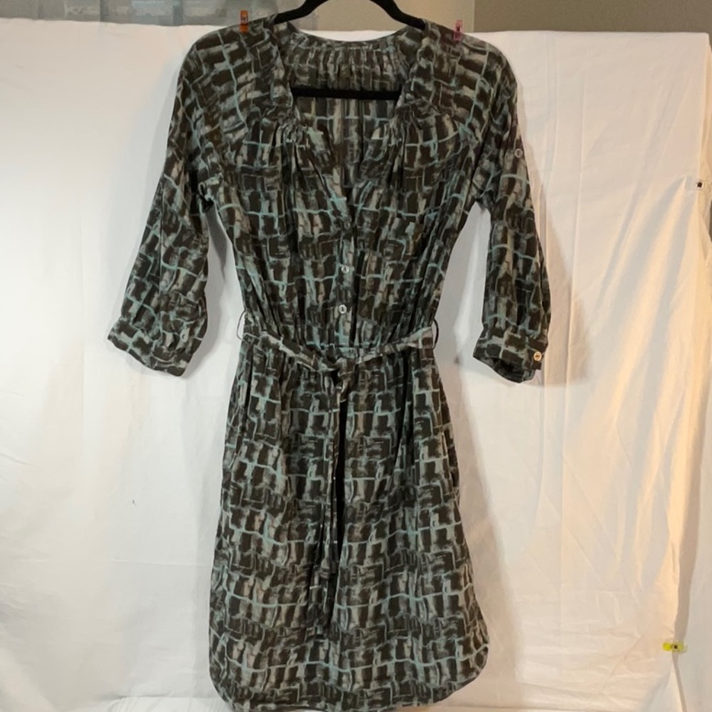 Fei silk dress with tie at waist. Army green and grayish white. Size small.